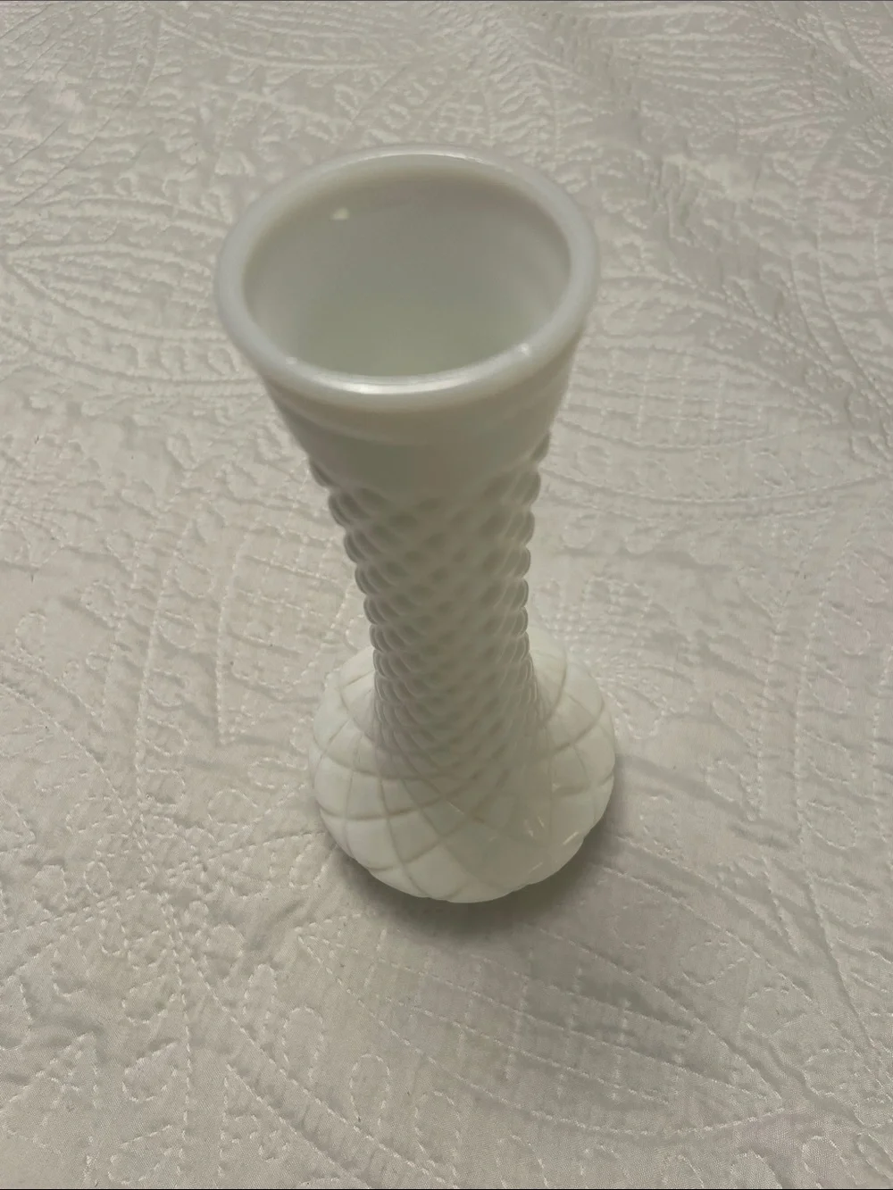 Vintage White Milk Glass Bud or Flower Vase Classic Diamond Quilted Pattern 9”H